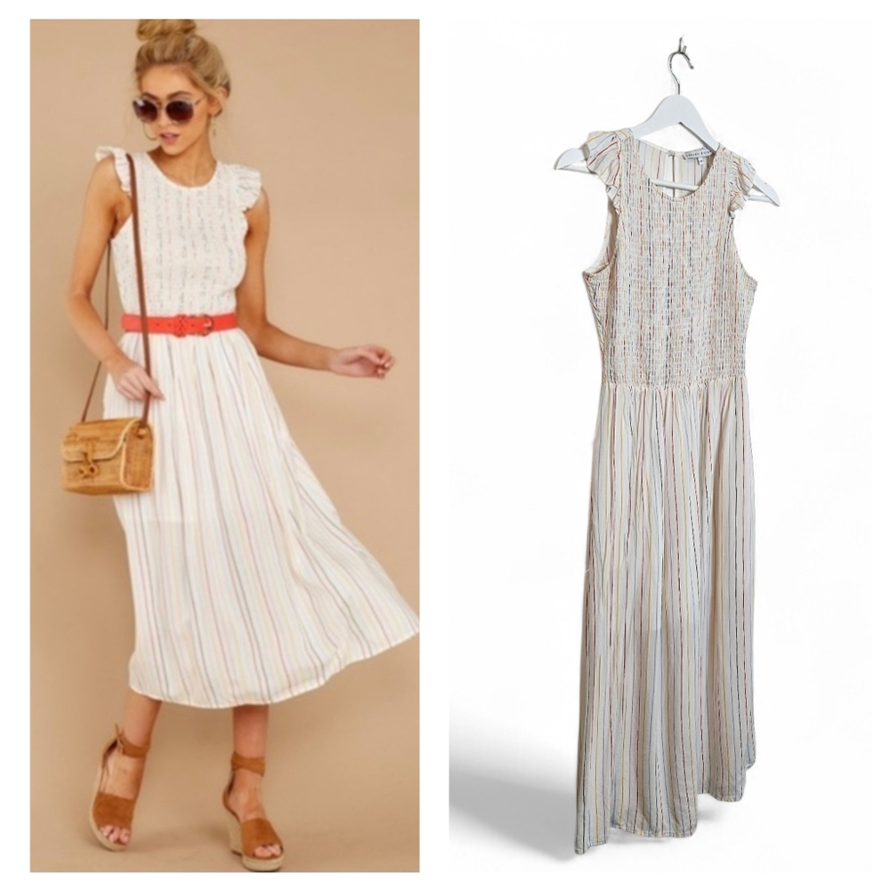 English Factory Rainbow Stripe Smocked Midi Dress S Cotton Anthropologie Pockets